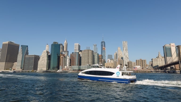 NYC Ferry with Lower Manhattan in the Background