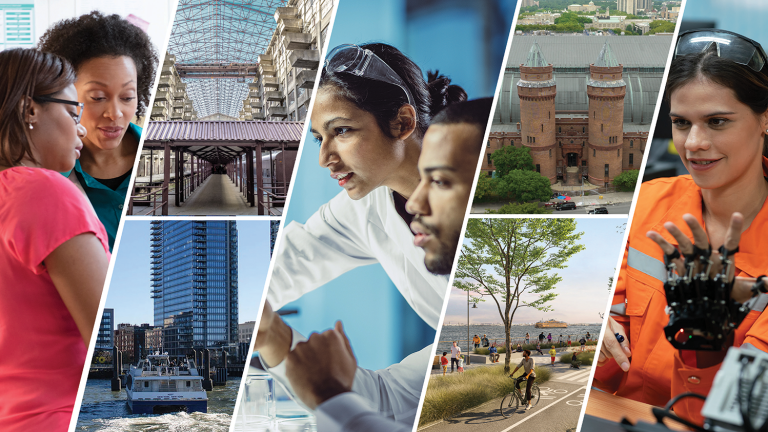 Collage of urban life and work, featuring diverse people and settings, from office work and healthcare to architecture and transportation.