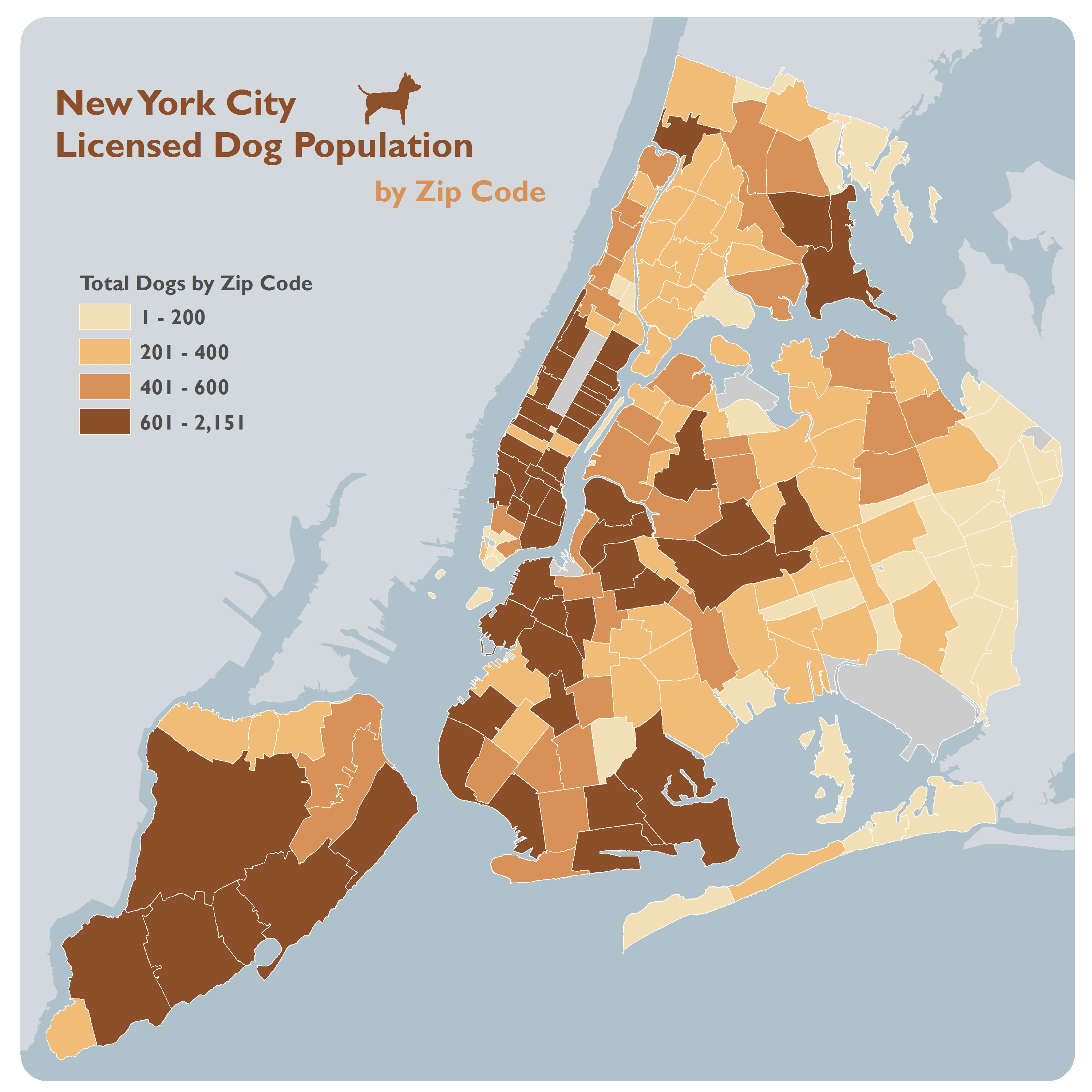 карта, показывающая, какое количество собак живет в каждом районе Нью-Йорка